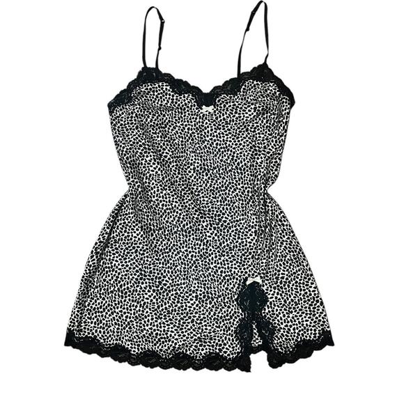 Victoria's Secret Y2K Black & Ivory Coquette Cheetah Print Lace Trim Y2K Chemise - Picture 1 of 8